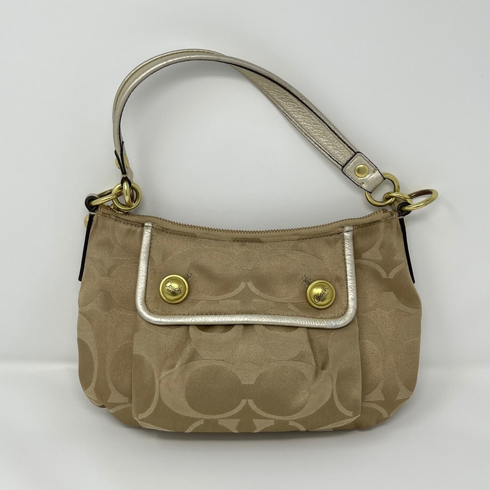 Y2K Coach Shoulder Bag Small Tan Metallic Gold Jacquard 2000s
